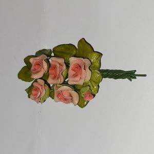 Vintage Peach Pink Rose Bouquet Brooch Handmade Sculpted Floral Artisan Pin EUC
